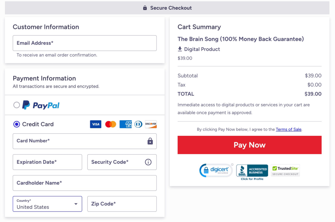 What happens after I click the Buy Now button on The Brain Song official website – secure purchase, access to The Brain Song download, CD, and audio therapy options.